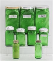 9pc Green Depression Glass Hoosier Canisters