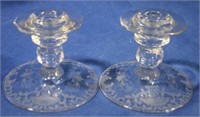 Pair Cambridge etched candleholders