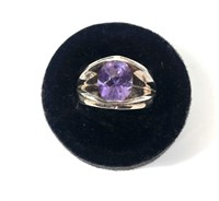 Sterling silver large oval cut amethyst ring,