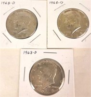 3 - 1968 D  Kennedy Half Dollars