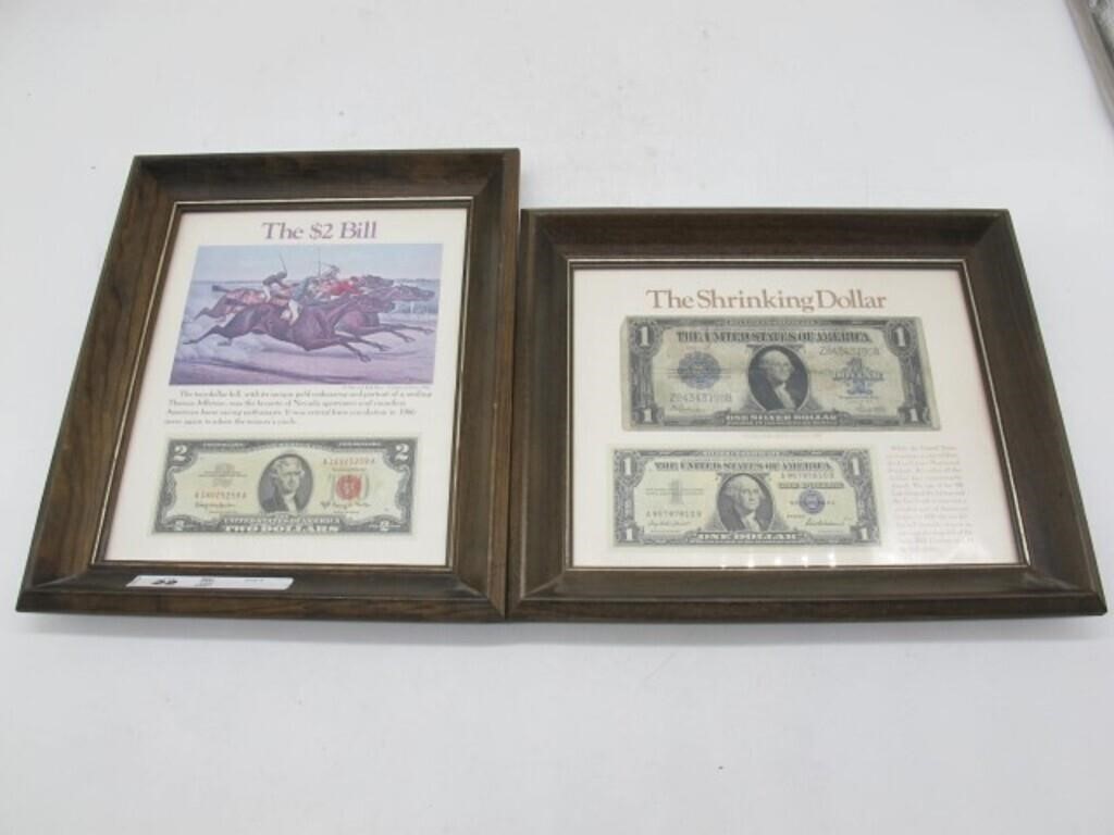 2 EARLY PLAQUES OF SILVER CERTIFICATES AND $2 BILL