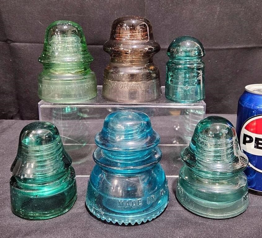 6 Antique Glass Electric Insulators