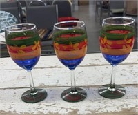 Set of 3 Hand Painted Wine Glasses.