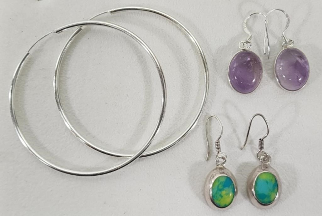 3 pair .925 silver earrings 2" hoops