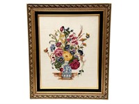 Vintage Crewel Embroidered Floral Picture Yarn Art