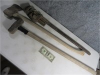 (3) Vtg Mega Pipe Wrench & AS IS axe~sledge