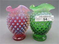 Fenton 3.5" hobnail vases in Green & Cranberry opa