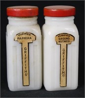 Pair of Milk Glass Griffith's Spice Canisters
