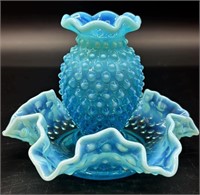 Fenton Blue Opal Hobnail Hatpin Vase & Bowl Uv