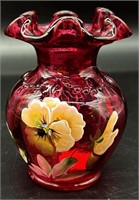 Fenton Hp Pansies On Cranberry Ruffle Vase Artist
