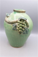 Majolica-Style Crackle Green Grapes & Vines Vase