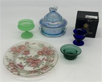 Lot Cobalt, Jadeite Carnival Glass Swan Candy Dish