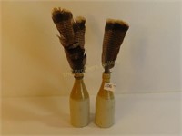 Pr of Stoneware Crock Bottles Plus Bird Feathers