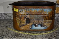 557: Copper bin with handles and painting