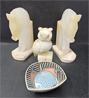 Horse Marble Bookends; Owl & Pottery