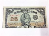 1923 Error - Miscut Canadian 25 Cent Bill Dc-24a