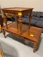 CARVED WOOD COFFEE TABLE W/ MATCHING END TABLE
