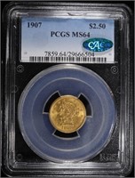 1907 $2.5 GOLD LIBERTY PCGS MS-64 CAC