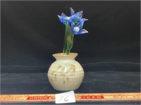 CUTE SIGNED POTTERY VASE WITH GLASS FLOWERS