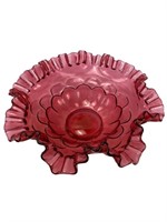 Marked Fenton Cranberry Ruffle Glass Dish/Bowl