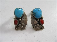 Pawn Signed Sterling Turquoise Earrings Flower Lay
