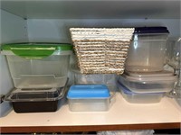 LOT OF PLASTIC CONTAINERS & A BASKET