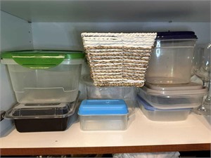 LOT OF PLASTIC CONTAINERS & A BASKET