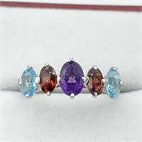 LADIES STERLING AMETHYST, BLUE TOPAZ & GARNET RING