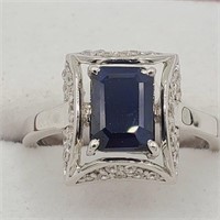 STERLING SILVER 2.37CTS BLUE SAPPHIRE& CUBIC RING