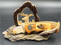 Wild Outdoors Hunting Knife W Carved Bone Stand