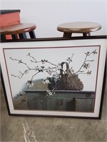 Large framed and matted print basket with floral