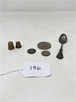 2-Thimbles, Coins & Spoon Marked Sterling,