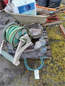 Pallet w/wheelbarrow,2 fountains,hose reel and