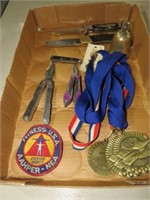 BOX OF KNIVES, MEDALS, PATCHES, MISC