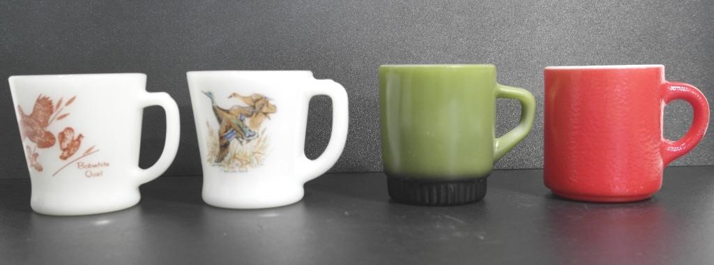 3 MCM FIREKING MUGS, 1 MILK GLASS MUG