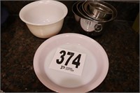 Pyrex Pie Plate, Metal Bowls & Milk Glass Bowl