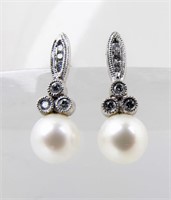 14K Diamond Pearl Drop Earrings