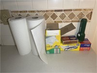 Paper towels, kitchen trash bags, match boxes,