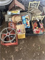 DOLL BED , TIN HOUSE, MASKS , VINTAGE TOYS