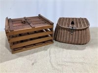 Wooden egg crate, wicker fish tackle box