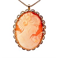 Hand Carved Cameo Shell Pin/Pendant 18k Gold