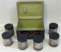 PRETTY TOLE PAINTED TIN BOX SPICE BOX W CANISTERS