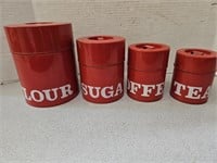 Vintage Red Metal Canister Set  Flour  Coffee +