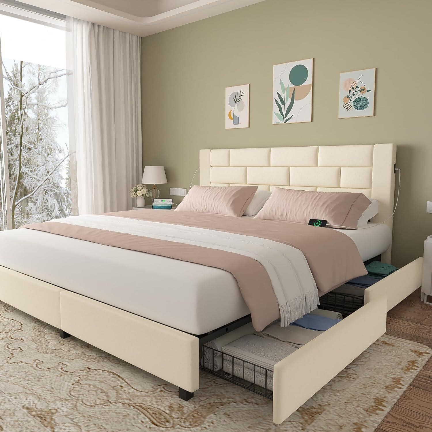 VECELO King Bed Frame with USB & Storage  Beige