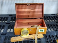 Westclox Tiny Tim clock, cedar box, level, letter