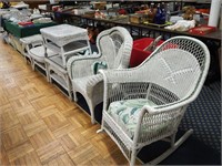 Vintage wicker painted white rocker and five
