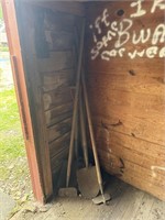 Group of hand tools, including shovels, and hoes