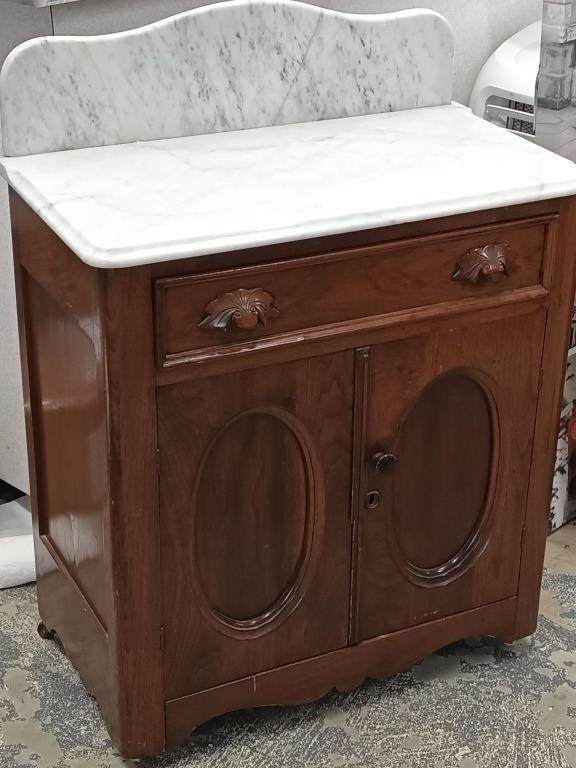 Walnut Marble top Victorian washstand drawer over