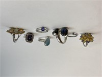 7 STERLING SILVER WMNS RINGS W/MISC STONES