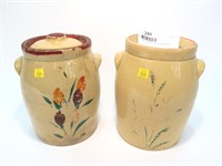 2- Stoneware painted crocks with handles and 1 lid